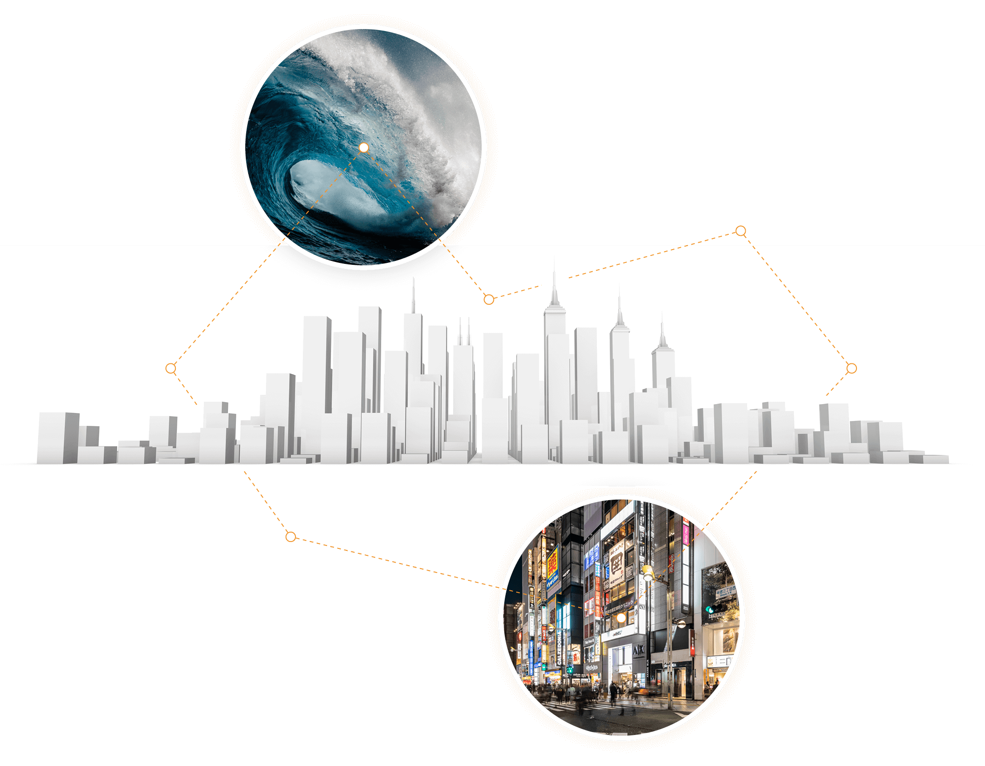 Wave, City skyline, and a busy city street